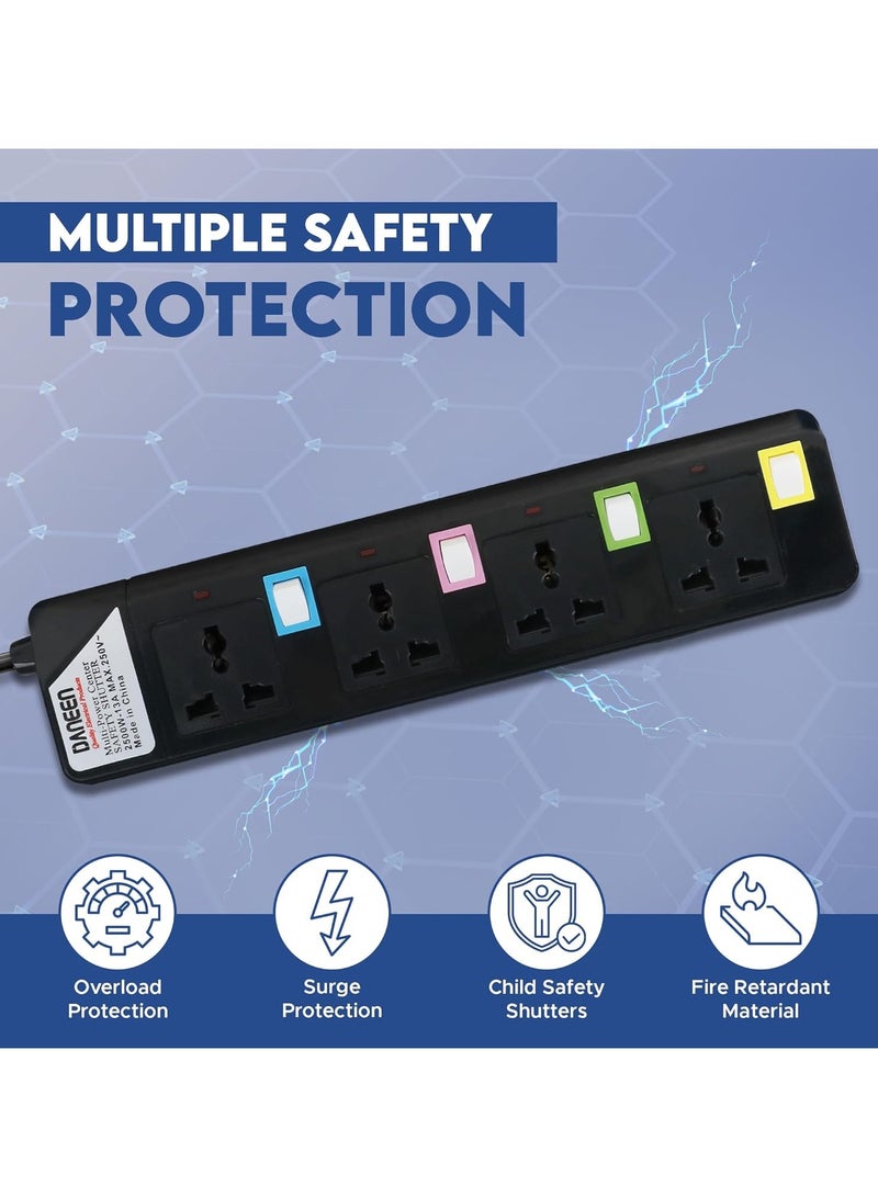 DANEEN 4 in 1 Universal Power Strips Extension Cord 4 Outlets with individual Switches, 10A Fused UK 3 PIN Plug, Surge Protector (5Meter, 3-Core) - Black - Image 4