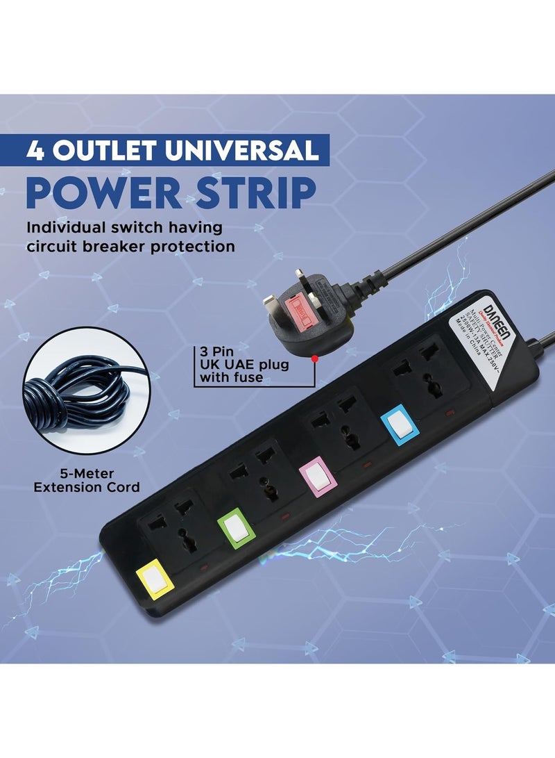 DANEEN 4 in 1 Universal Power Strips Extension Cord 4 Outlets with individual Switches, 10A Fused UK 3 PIN Plug, Surge Protector (5Meter, 3-Core) - Black - Image 1