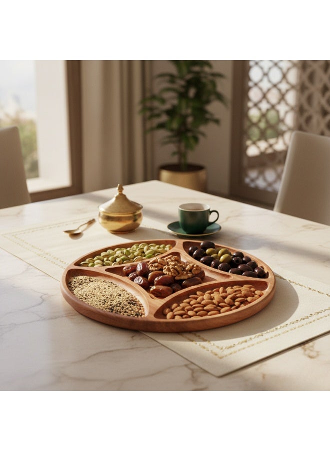 CASA HOME Premium Round Wooden Divided Serving Tray – Natural Wood Snack & Nut Platter for Dates, Sweets & Table Serving - Image 3