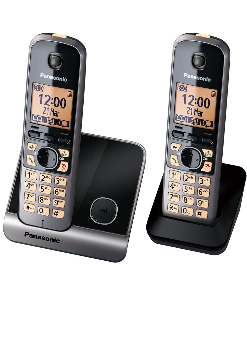 باناسونيك نظام هاتف باناسونيك اللاسلكي القابل للتمدد مع شاشة بإضاءة خلفية كهرمانية 2 سماعة هاتف- KX-TG6712 - Image 1