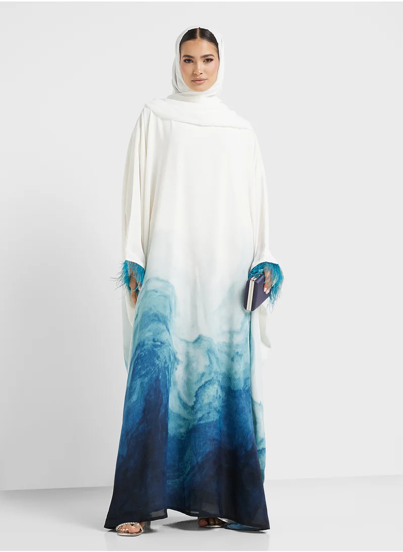 hayas closet Crew Neck Printed Cape Sleeve Abaya