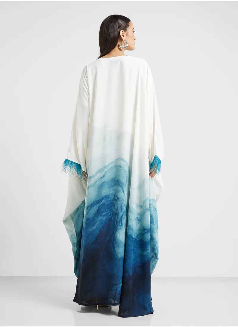 hayas closet Crew Neck Printed Cape Sleeve Abaya