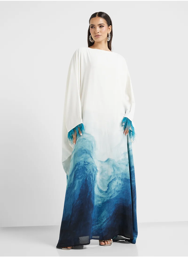 hayas closet Crew Neck Printed Cape Sleeve Abaya