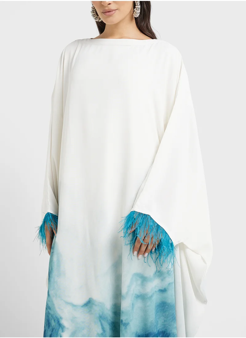 hayas closet Crew Neck Printed Cape Sleeve Abaya