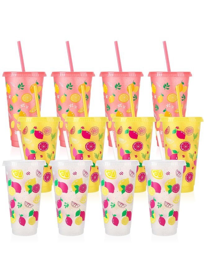 Ovveroche 12 Pcs Lemon Cups with Lids and Straws, 24 OZ Reusable Drinking Cups Bulk for Summer Fruit Party Birthday Baby Shower Supplies - Image 1