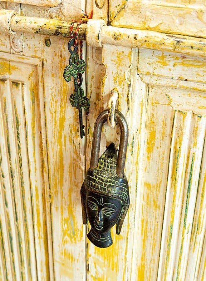 Rhapsodically Made Pure Brass Buddha Lock with 2 Keys | Antique Style Brass Padlock for Door, Gate, Almirah & Home Décor | Handcrafted Buddha Face Lock for Protection, Positivity & Vastu | Vintage Brass Security Lock - Image 5