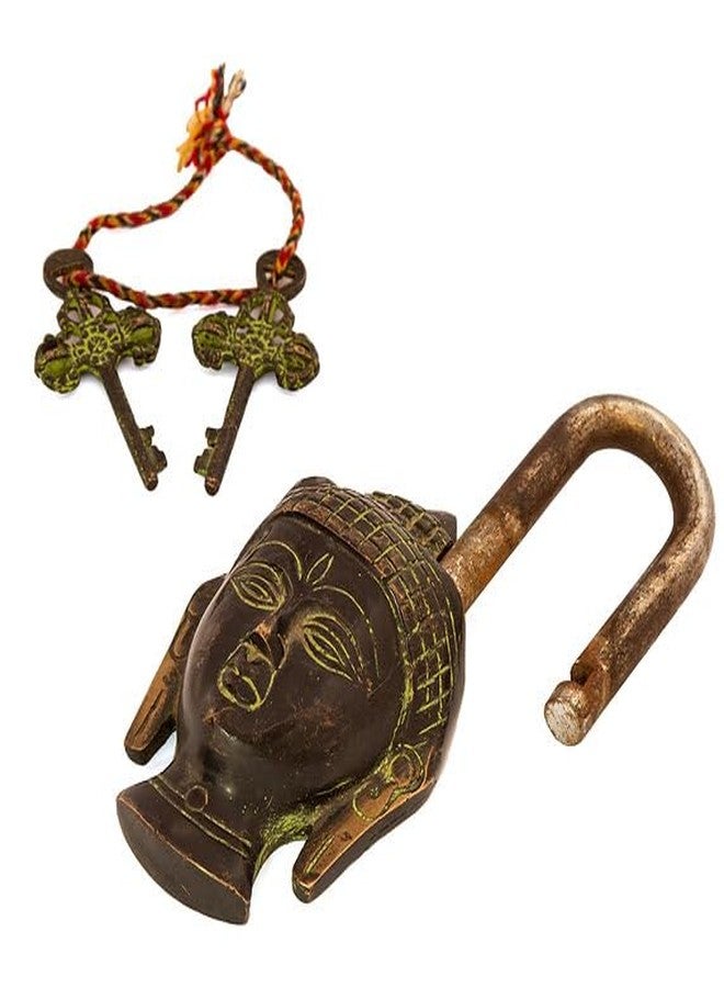 Rhapsodically Made Pure Brass Buddha Lock with 2 Keys | Antique Style Brass Padlock for Door, Gate, Almirah & Home Décor | Handcrafted Buddha Face Lock for Protection, Positivity & Vastu | Vintage Brass Security Lock - Image 1