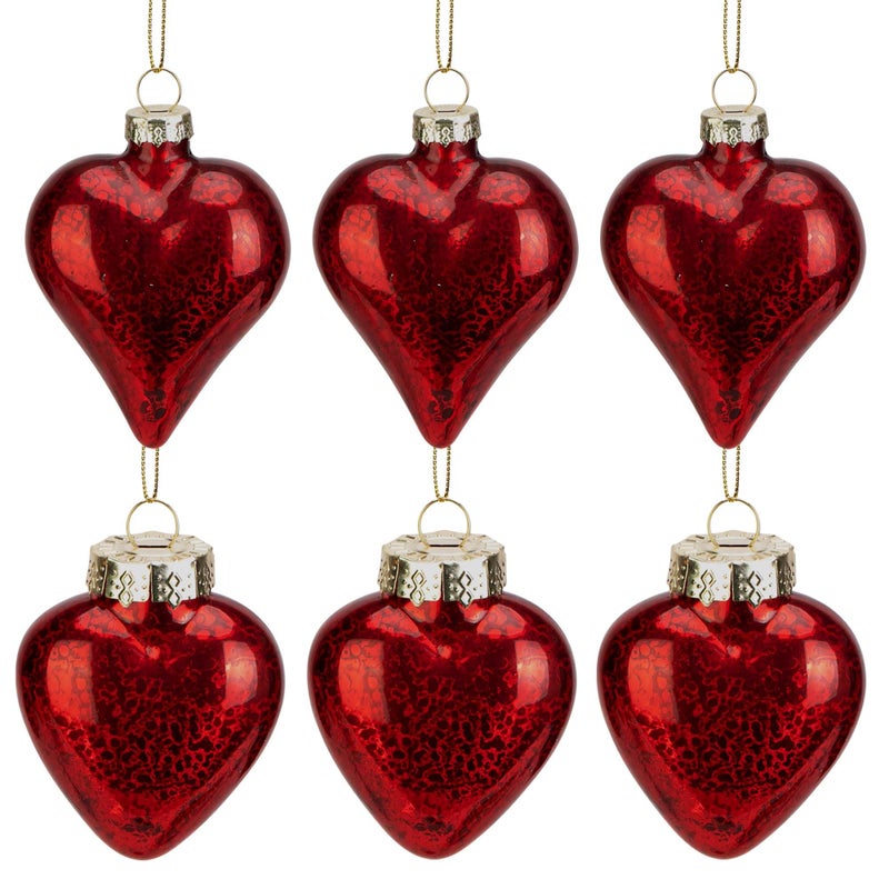 LFUTARI 6 Pcs Valentine's Day Heart Glass Ornaments, 2 Style Antique Red Mercury Glass Heart Ornament, Romantic Love Hearts Shaped Baubles for Party Valentines Wedding Anniversary Christmas Tree Decor - Image 1
