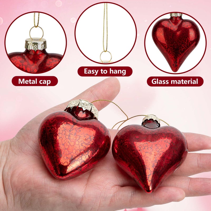 LFUTARI 6 Pcs Valentine's Day Heart Glass Ornaments, 2 Style Antique Red Mercury Glass Heart Ornament, Romantic Love Hearts Shaped Baubles for Party Valentines Wedding Anniversary Christmas Tree Decor - Image 3