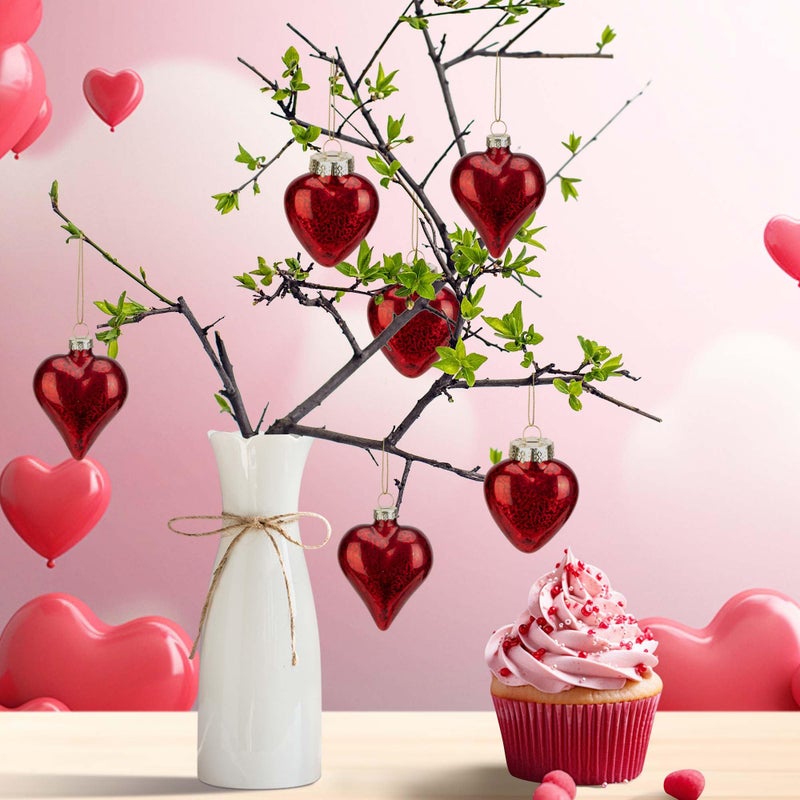 LFUTARI 6 Pcs Valentine's Day Heart Glass Ornaments, 2 Style Antique Red Mercury Glass Heart Ornament, Romantic Love Hearts Shaped Baubles for Party Valentines Wedding Anniversary Christmas Tree Decor - Image 5