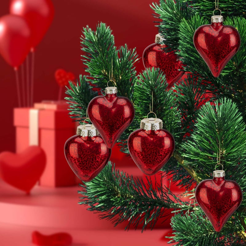 LFUTARI 6 Pcs Valentine's Day Heart Glass Ornaments, 2 Style Antique Red Mercury Glass Heart Ornament, Romantic Love Hearts Shaped Baubles for Party Valentines Wedding Anniversary Christmas Tree Decor - Image 4