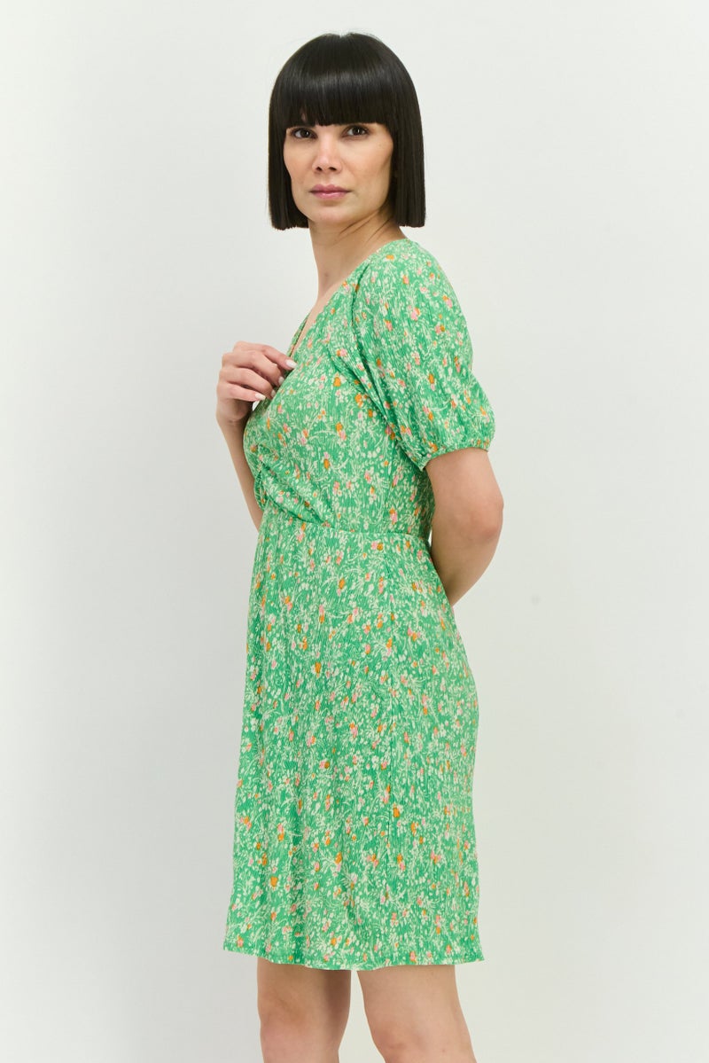 MANGO فستان ميني مزخرف بالورود للنساء، مجموعة خضراء - Image 2