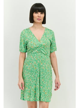 MANGO Women Floral Printed Mini Dress, Green Combo  - Image 1
