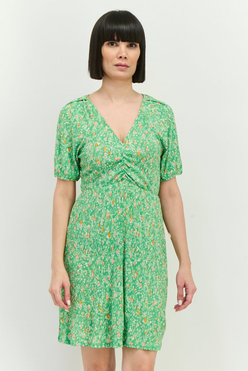 MANGO فستان ميني مزخرف بالورود للنساء، مجموعة خضراء - Image 1