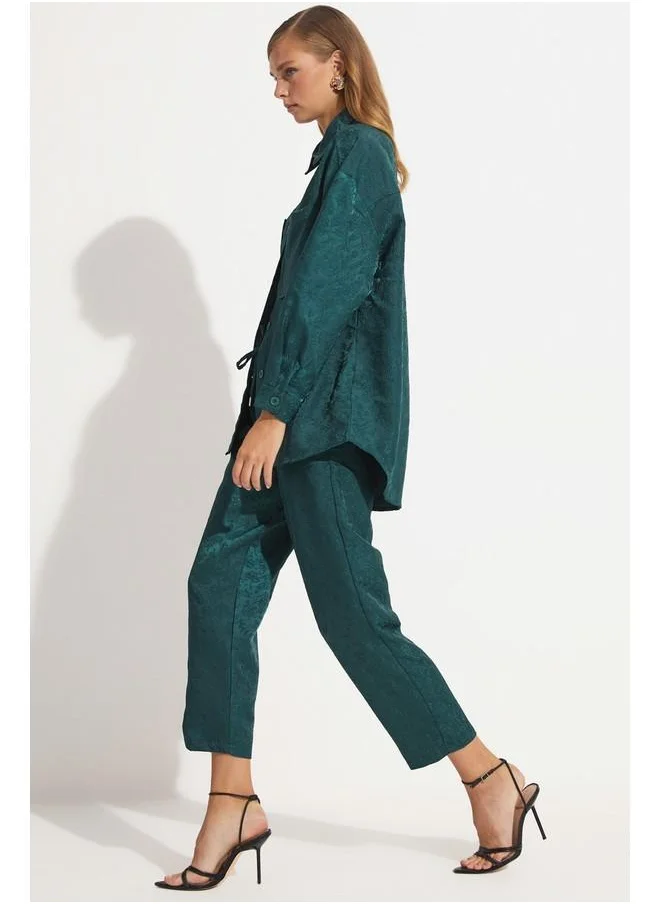 جون June Women Exclusive Waist Elastic Rayon Blend Self-Patterned Woven Trouser Teal