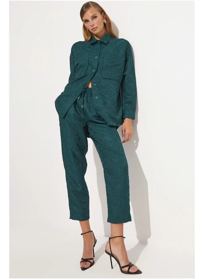 جون June Women Exclusive Waist Elastic Rayon Blend Self-Patterned Woven Trouser Teal