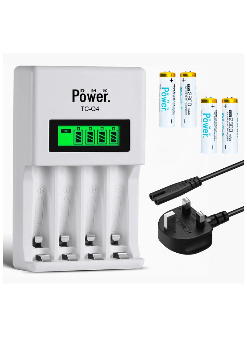 DMK Power 4pcs AA 1.2V 2800mAh High Capacity Rechargeable Batteries and TC-Q4 AAA AA Four Slot Independent Intelligent Quick LCD Charger for Ni-MH/Ni-CD Rechargeable Batteries with 3pin UK Plug Cable - Image 1