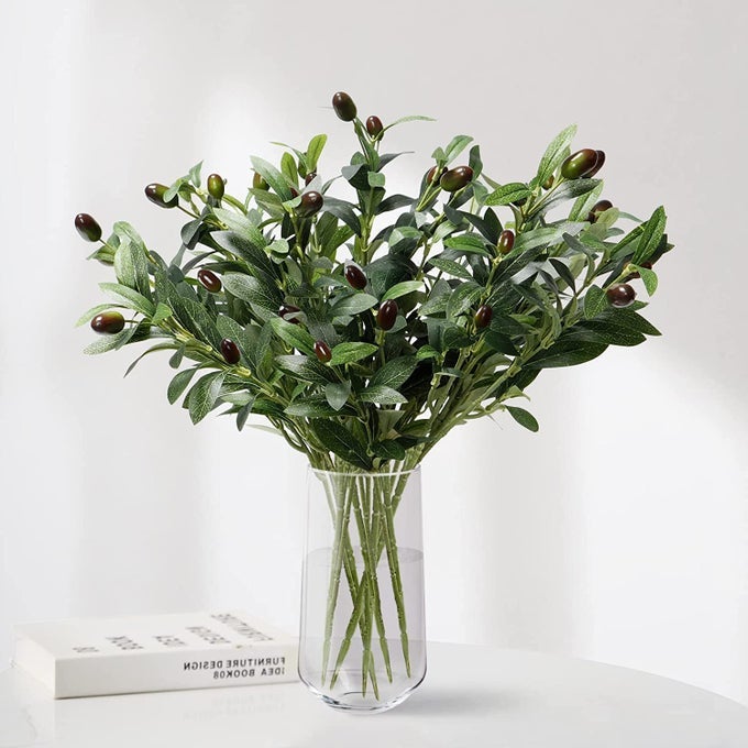 ARTIFICIAL OLIVE BRANCH 6 PACK FAKE OLIVE BRANCHES STEMSFAUX PLANTS GREENERY OLIVE LEAVES FRUITS BRANCH FLORAL ARRANGEMENT FOR VASE HOME GARDEN DECORATION