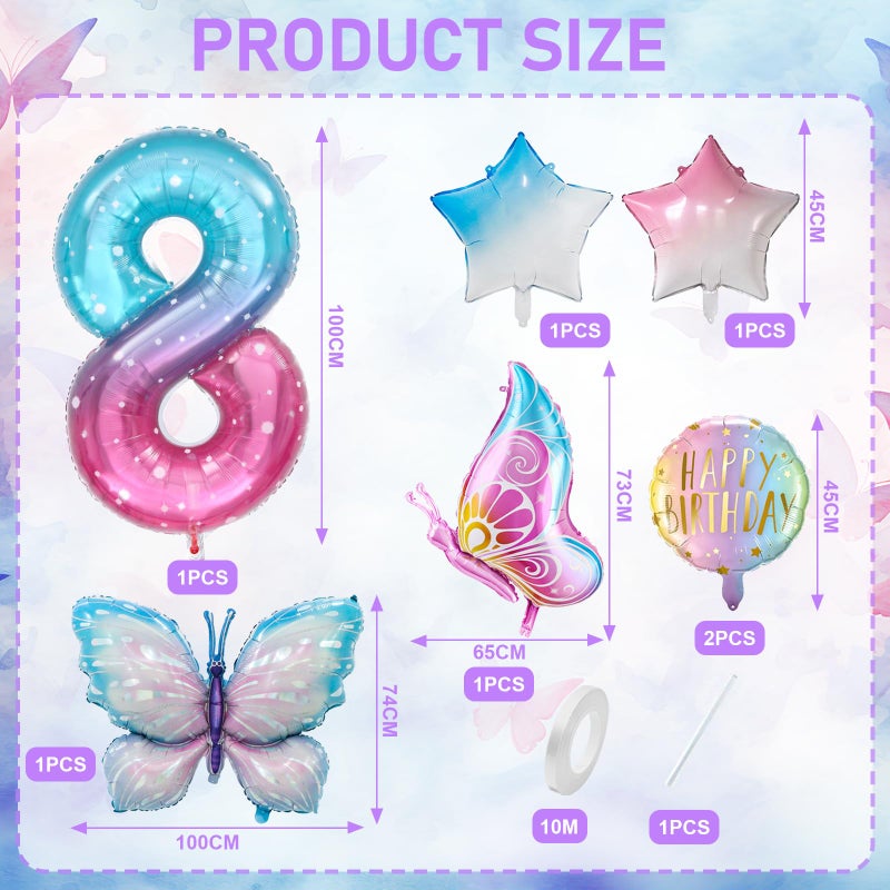 Zlongron butterfly balloon 8 year old birthday pary decorations, 40 inch number 8, gradient pink color butterfly balloon suitable for theme pary decorations (8) - Image 2