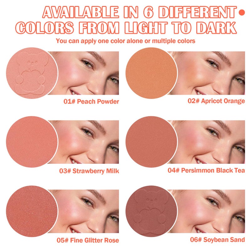 JunKuJk 6 Color Shimmer Silky Matte Blush & Contour Highlighter Set With Makeup Brush - Image 3