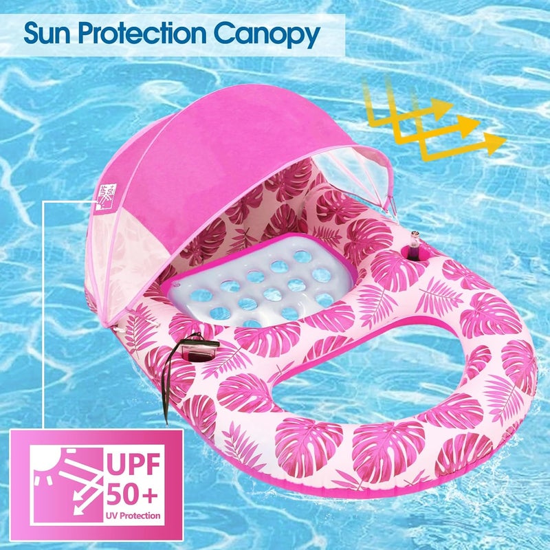 COOLCOOLDEE Pool Lounge Float with Canopy UPF50+,Extra Large Pool Floats for Adults Heavy Duty,Inflatable Lounger Float with Cup Holder & Backrest,Footrest - Image 2