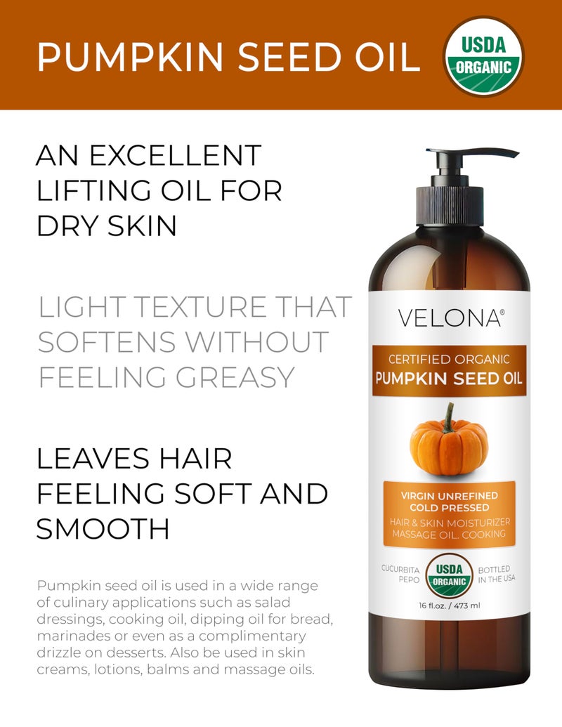 velona Pumpkin Seed Oil USDA Certified Organic - 8 Fl Oz | 100% Pure and Natural Carrier Oil | Unrefined, Cold Pressed | Cooking, Face, Hair, Body & Skin Care | Use Today - Enjoy Result - Image 2