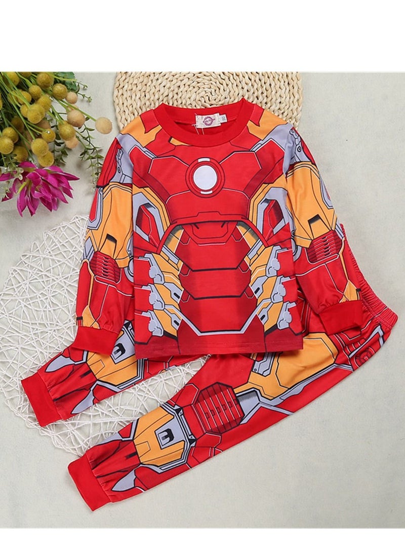 KIDS TALES طقم أطفال جديد من الربيع والخريف للأولاد بأكمام طويلة بنمط كرتوني - بيجاما منزلية حمراء