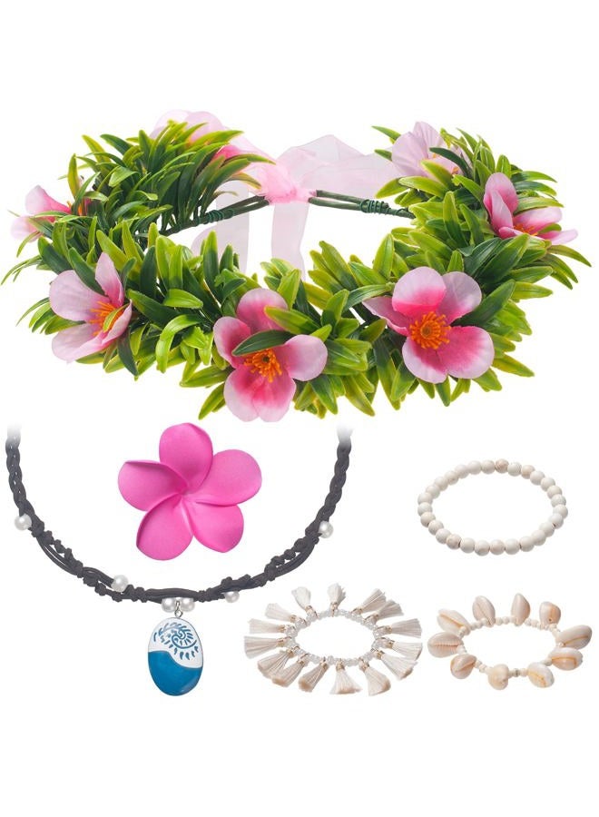 GHGMAO Princess Costume Accessories Hawaiian Flowers Garland Headband Flower Clips Necklace Boho Shell Anklet Halloween Party Favors Dress Up Accessories - Image 1