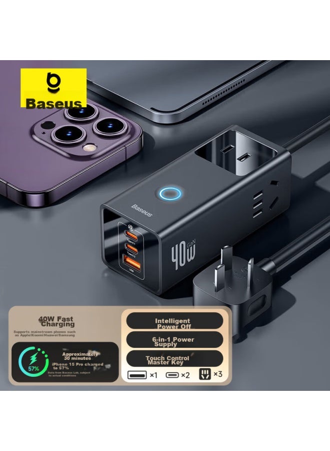 Baseus Power Strip 40w Pd Dual Apple Fast Charging Power Bar/socket/extension Cord/desk Gan Type-c Port + Usb Port + 3 Outlets Black - Image 1