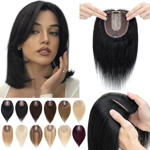 SEGO Hair Toppers for Women Real Human Hair No Bangs, 130% Density 10 * 12CM Silk Base Remy Clip in Top Wiglet Hairpieces Add Volume-12 Inch 01 Jet Black - Image 1