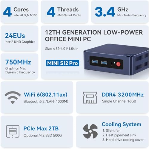 Beelink Mini PC, Mini S12 Pro Intel 12th N100(4C/4T, Up to 3.4GHz), 16GB DDR4 500GB M.2 SSD, Mini Desktop Computer Support 4K@60HZ Dual HDMI Display/WiFi6/BT5.2/USB3.2/1000Mbps/LAN/WOL Micro PC - Image 2