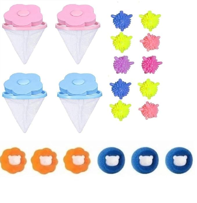 K.B.SALES KBSALES 4 Pcs Washing Machine Hair Filter Cleaning Bag 10 Pcs Silicone Lint Remover Cleaning Balls Reusable Washing Machine Ball for AntiWinding Clothes Deep Cleaning Washing Machine 6 Dryer Ball - Image 1