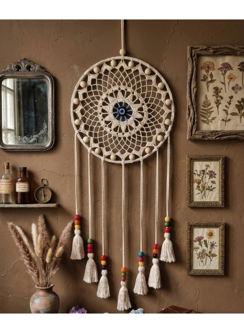Handmade Macrame Round Dreamcatcher Wall Hanging, Boho Crochet Mandala, Off-white, Blue, Turquoise and Cream, Catchy Wooden Beads, 30 cm Width ( Rich Cream, Small Size ) - Image 1