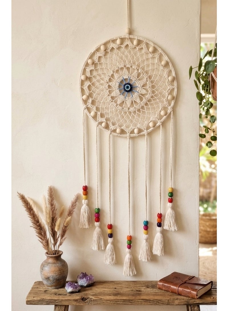 Handmade Macrame Round Dreamcatcher Wall Hanging, Boho Crochet Mandala, Off-white, Blue, Turquoise and Cream, Catchy Wooden Beads, 30 cm Width ( Rich Cream, Small Size ) - Image 2