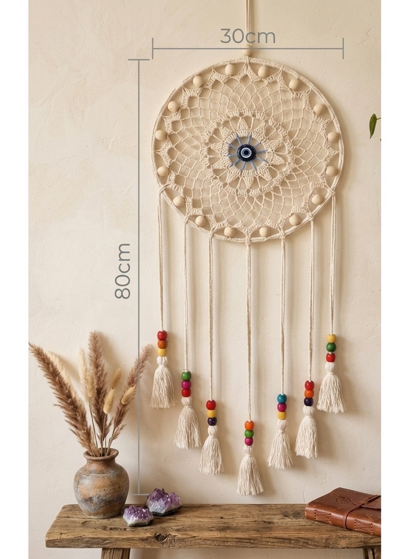 Handmade Macrame Round Dreamcatcher Wall Hanging, Boho Crochet Mandala, Off-white, Blue, Turquoise and Cream, Catchy Wooden Beads, 30 cm Width ( Rich Cream, Small Size ) - Image 3