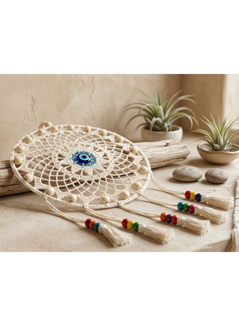 Handmade Macrame Round Dreamcatcher Wall Hanging, Boho Crochet Mandala, Off-white, Blue, Turquoise and Cream, Catchy Wooden Beads, 30 cm Width ( Rich Cream, Small Size ) - Image 4