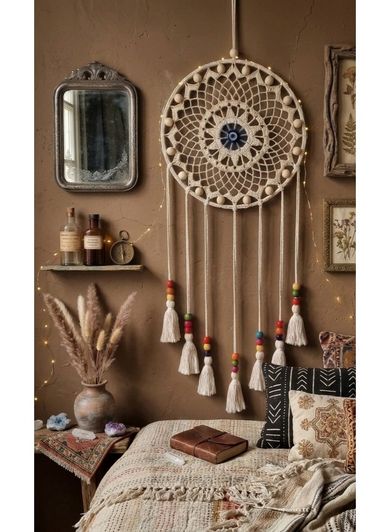 Handmade Macrame Round Dreamcatcher Wall Hanging, Boho Crochet Mandala, Off-white, Blue, Turquoise and Cream, Catchy Wooden Beads, 30 cm Width ( Rich Cream, Small Size ) - Image 5