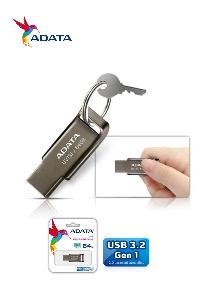 أداتا محرك أقراص فلاش ADATA UV131 سعة 64 جيجابايت USB 3.2 | نقل بيانات خفيف الوزن وسريع | معدن الفضة  - Image 3
