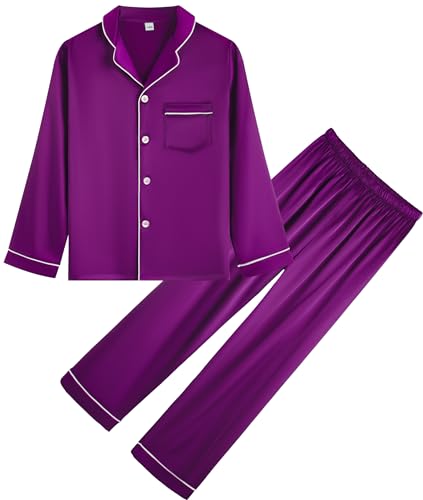OEIU Kid Silky Satin Pajamas Set for Girls Boys pj Set Sleepwear Button-up Lounge Sets Nightwear Purple 170 - Image 1