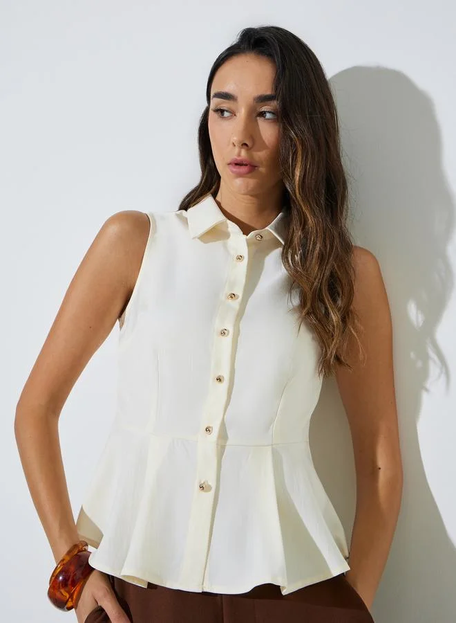 ستايلي Off White Solid Sleeveless Peplum Top With Collar