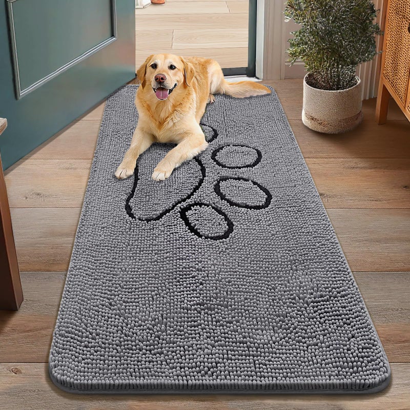 Smiry Dog Door Mat for Muddy Paws, Absorbent Dirt Trapper Non Slip Quick Dry Washable Chenille Mat for Mud Dogs, Entry Rug for Indoor and Outdoor (48x30 Inches, Grey and Black) - Image 1