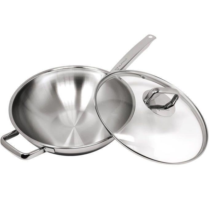 CLAD STAINLESS STEEL WOK PAN WITH LID FLAT BOTTOM 12 INCH 30CM SMALL STIR FRYING PAN WITH STAYCOOL LONG HANDLE TRIPLY NONSTICK DEEP COOKING POT FOR INDUCTIONELECTRICGAS STOVES