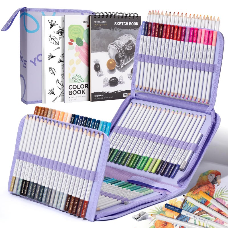 Four Candies 194 PCS Colored Pencils Set,120 Soft Oil-Based Colored Pencils for Adult Coloring Books and Professional Drawing,Blending,Shading. Non-Toxic Art Supplies with Portable Zipper Case & 3-Color Sketchbook - Image 1
