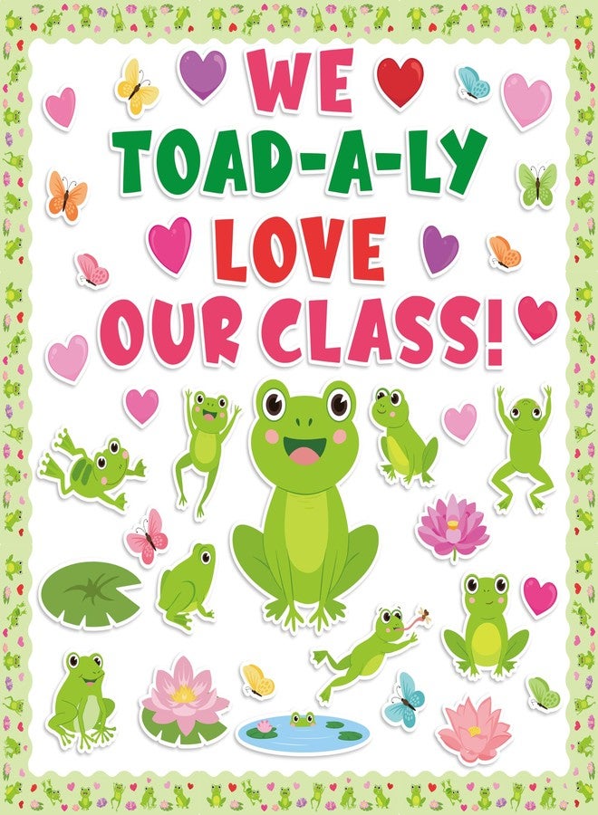 CPicdn 140Pcs Valentine's Day Frog Bulletin Board Classroom Decorations Green Frog Name Tags Butterfly Heart Accent Cutouts We Toad-a-Ly Love Our Class Valentines Spring School Classroom Door Decor - Image 1