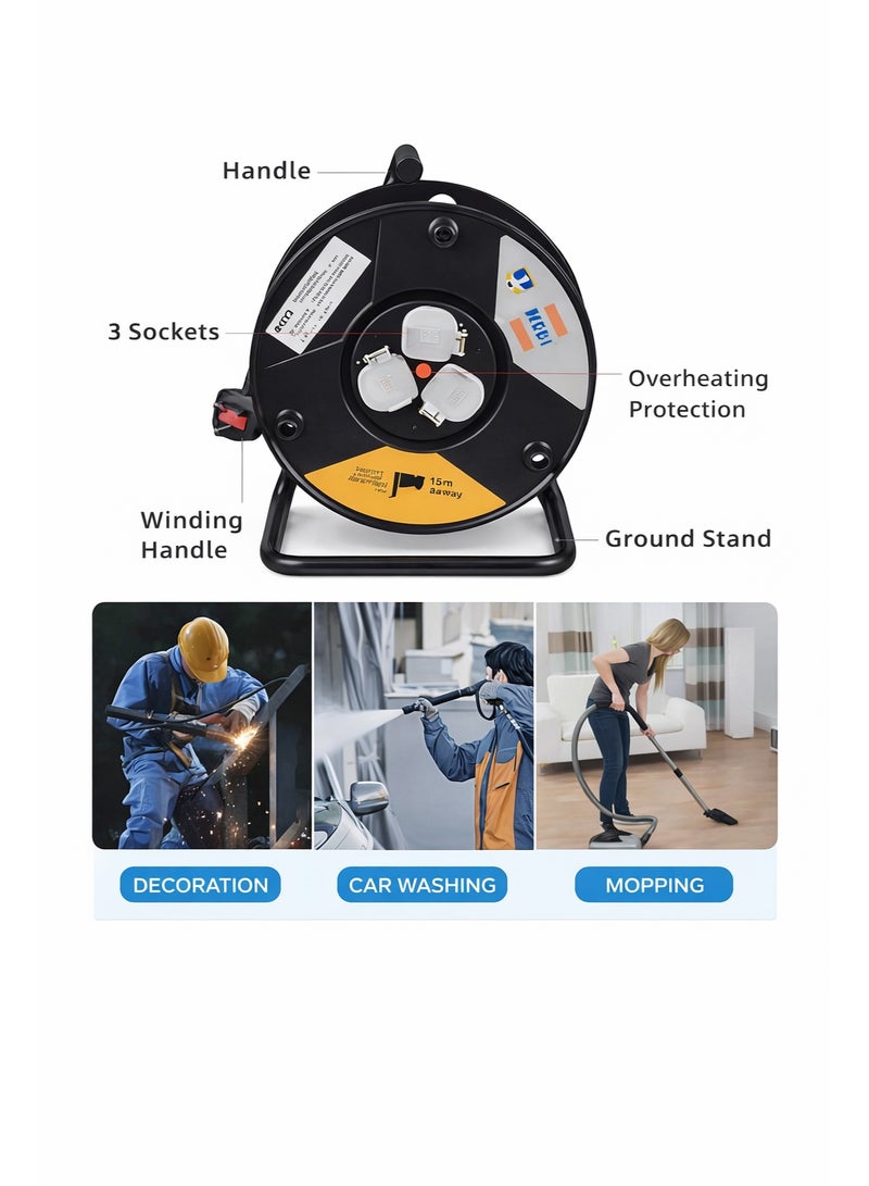 MODI 50M Heavy Duty Extension Cable Reel, 2x1.5mm² with Winding Handle, Master Power Switch, 3 Shuttered Sockets, Thermal Cut-Out & Ground Stand for Industrial & Site Use - Image 1