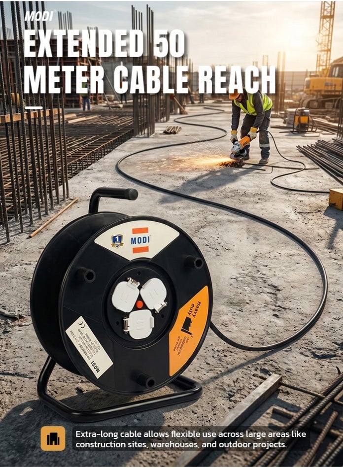 MODI 50M Heavy Duty Extension Cable Reel, 2x1.5mm² with Winding Handle, Master Power Switch, 3 Shuttered Sockets, Thermal Cut-Out & Ground Stand for Industrial & Site Use - Image 1