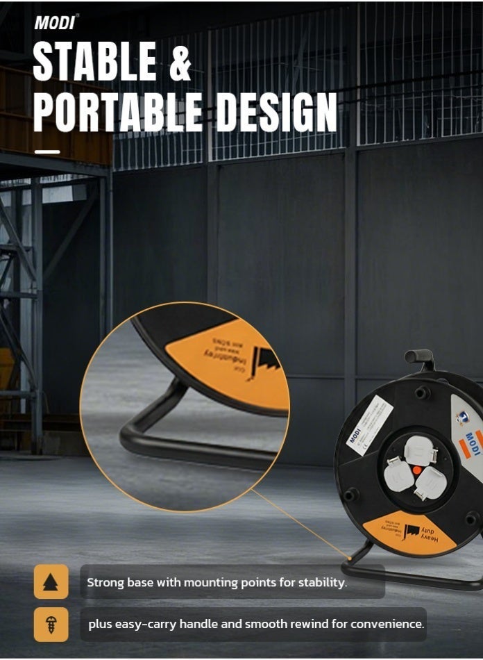 MODI 50M Heavy Duty Extension Cable Reel, 2x1.5mm² with Winding Handle, Master Power Switch, 3 Shuttered Sockets, Thermal Cut-Out & Ground Stand for Industrial & Site Use - Image 4