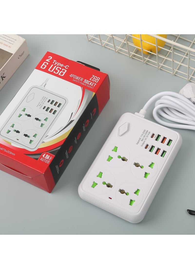 TYCOM - Tycom Power Strip Surge Protector with USB- Extension Cord Flat Plug with Widely 6 AC Outlet and 6 USB + 2 Type C, Small Desktop Station with 6 ft Power Cord, Compact Socket Z68 White. - Image 1