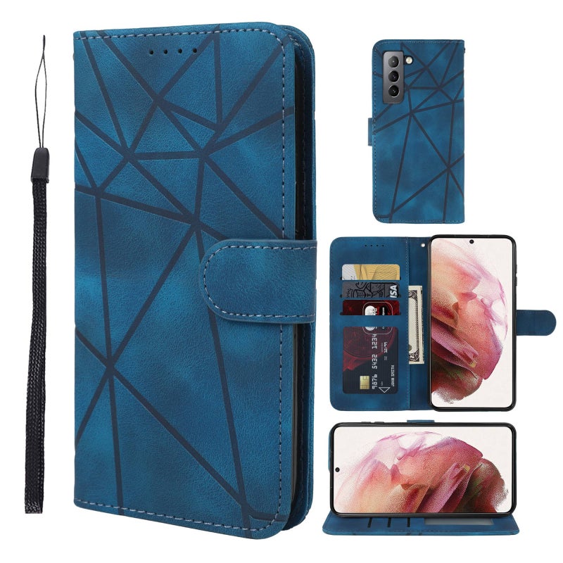 BURAQ Case Cover For Samsung Galaxy S21 FE 5G Skin Feel Geometric Lines Leather Phone Case(Blue) - Image 1