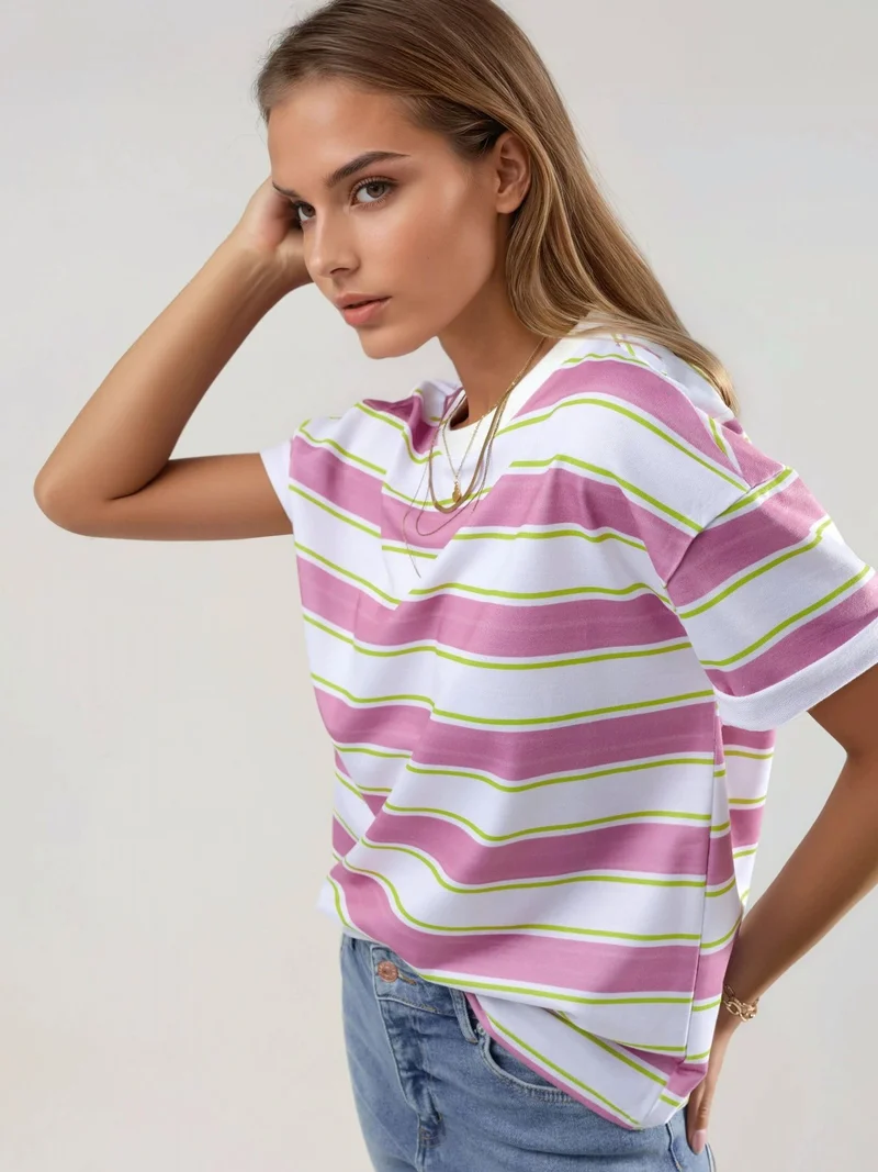 هيكاب Striped Crew Neck Oversized T-Shirt